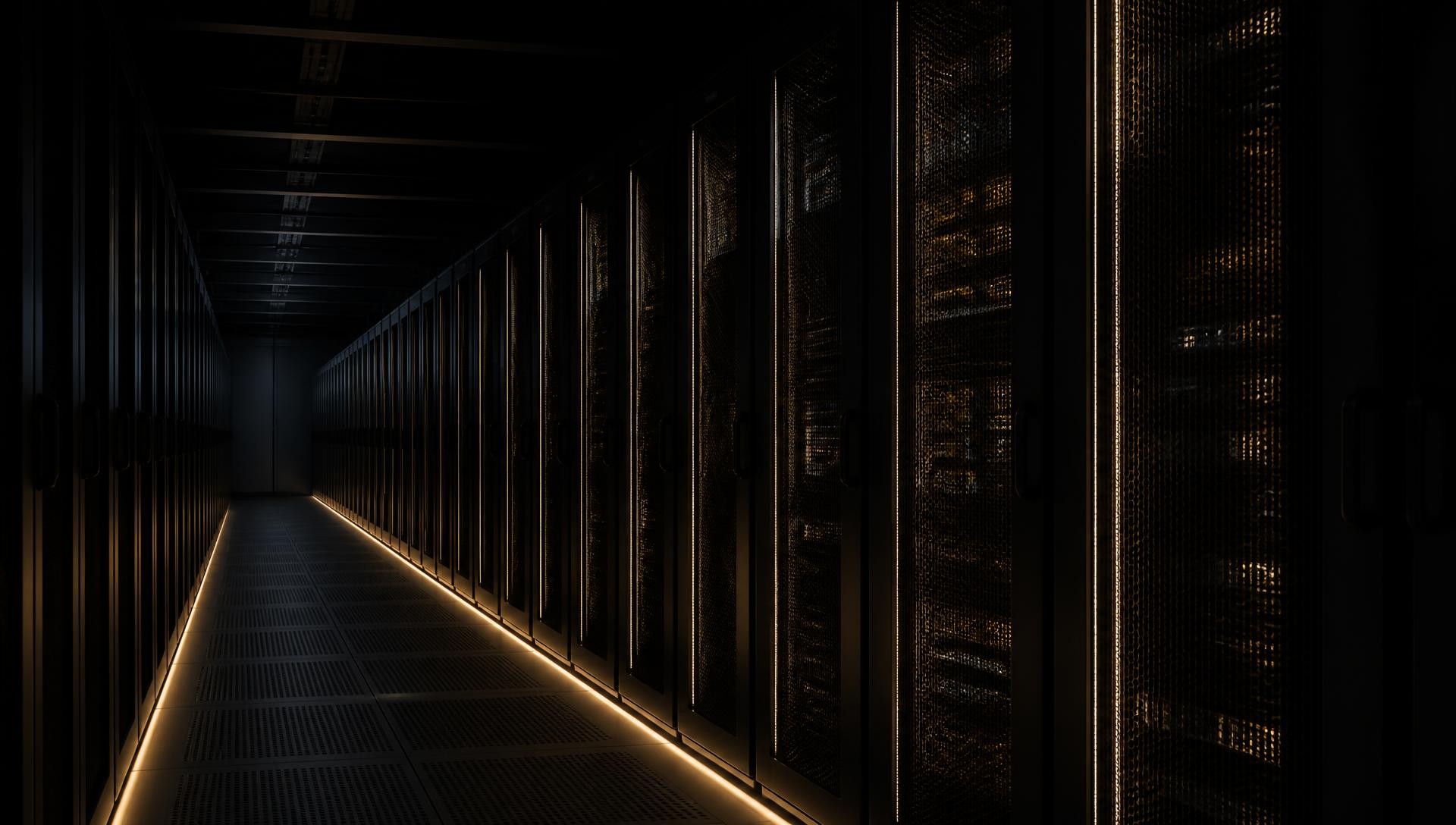 Cold aisle of a dark data center lit by gold floor lighting