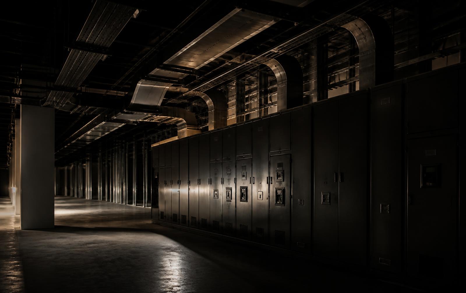 Data center white space with switchgear lineup and overhead busway
